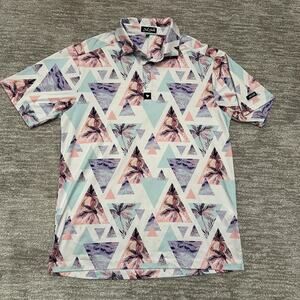 Bad Birdie Polo Shirt Men Medium Palm Triangles Tropical Golf Performance Pastel